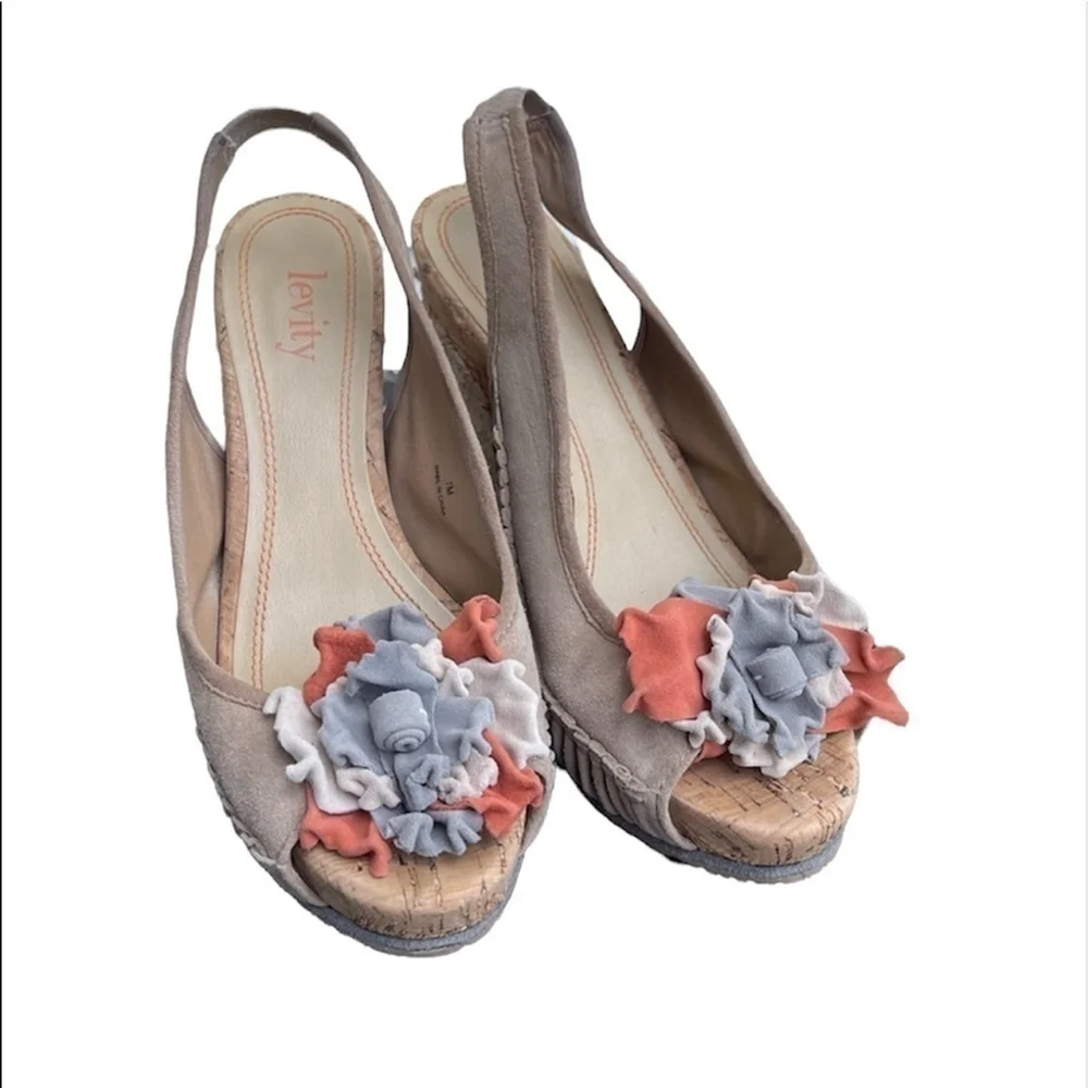 LEVITY women wedge platform sandals cork espadrilles leather suede Sz 7